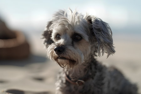 Portrait of a cute little dog on the beach. Shallow depth of fieldの素材