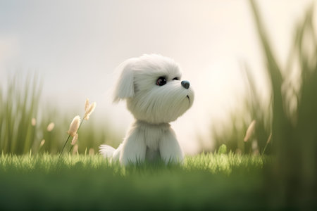 Maltese puppy sitting on the grass in the meadow.の素材