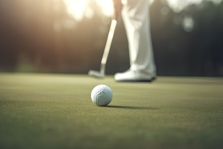 Golf ball on the green grass of a golf course with a playerの素材