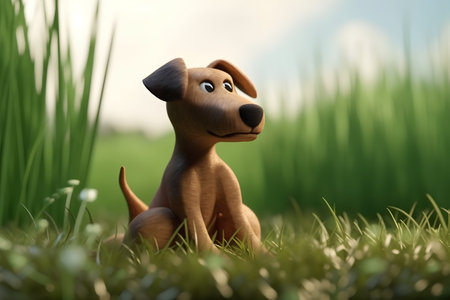 Dog sitting in the grass and looking at the camera, 3d renderの素材