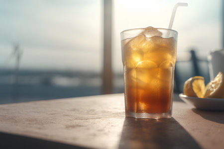Iced tea in a glass with ice cubes on a wooden tableの素材