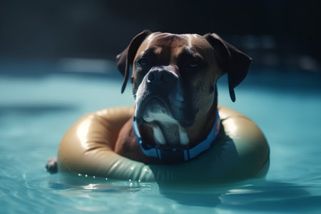 boxer dog swimming in a swimming pool with an orange inflatable ringの素材