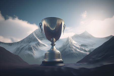 Trophy cup on the background of the mountains. 3d renderの素材