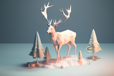 Deer in the forest, low poly style. 3d renderの素材