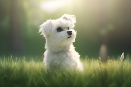Cute Maltese puppy sitting in the grass on a sunny dayの素材