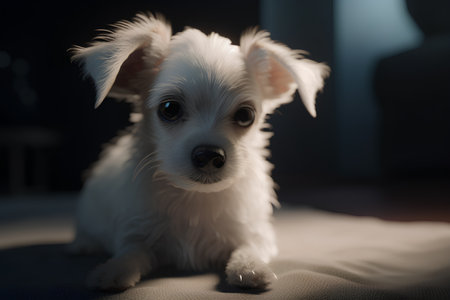 Cute white puppy sitting on the bed at night in the darkの素材