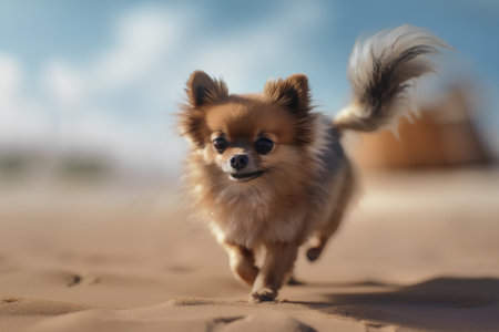 Cute little Pomeranian dog running on the beach in summerの素材