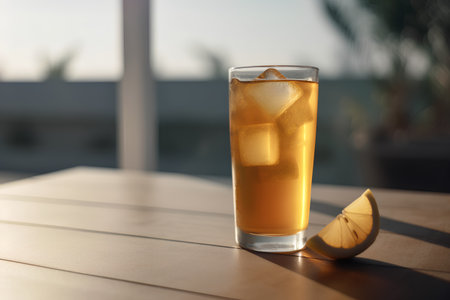 Glass of iced tea with ice cubes and lemon on wooden tableの素材