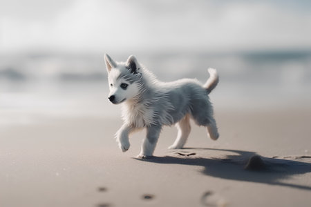 Cute siberian husky puppy running on the beach.の素材