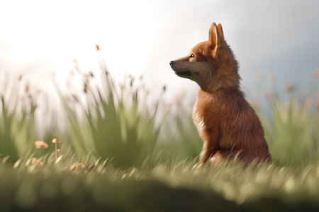 Cute Pomeranian dog sitting in the grass on a sunny dayの素材