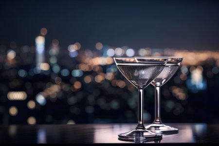 Cocktail martini on blurred cityscape background. Space for textの素材