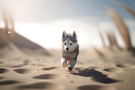 Siberian Husky puppy running on the sand in the sunsetの素材