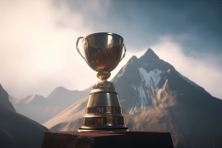 golden trophy on the background of the mountains. 3d renderの素材