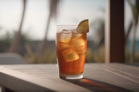 A glass of ice tea with a slice of lemon on the tableの素材