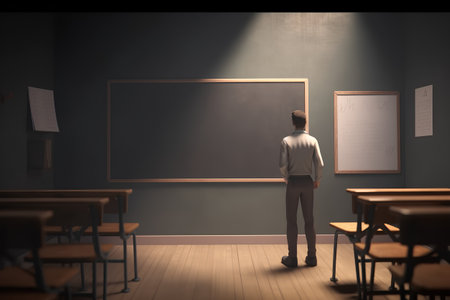Man looking at empty chalkboard in classroom. Education concept. 3D Renderingの素材