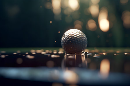 Golf ball on a tee with water drops and bokeh backgroundの素材