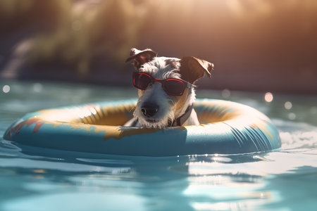 dog in sunglasses swims in a swimming pool with an inflatable ringの素材
