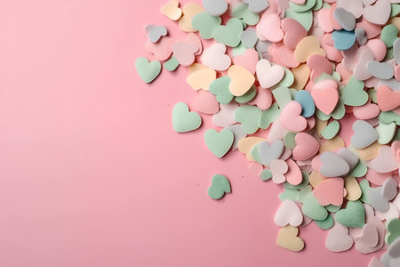 Colorful hearts confetti on pink background. Flat lay, top viewの素材