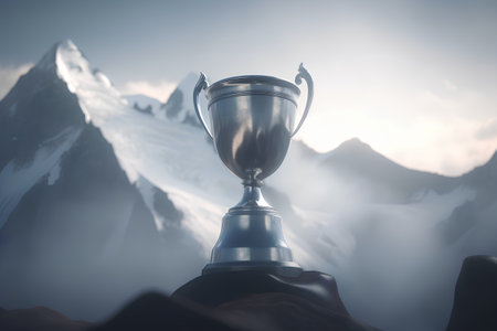 Hands holding trophy cup in the mountains. 3D Renderingの素材