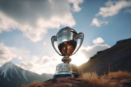 Trophy cup on the top of a mountain. 3d renderの素材