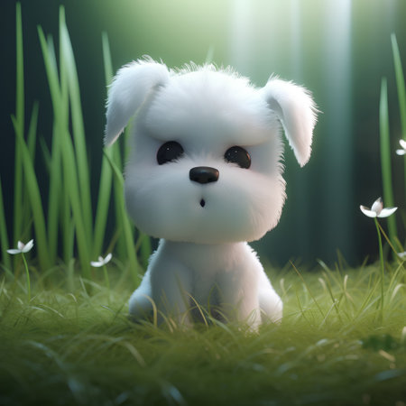 White dog in the grass with flowers in the background. 3d renderingの素材