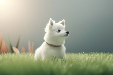 Cute white Pomeranian dog sitting on green grass with copy spaceの素材