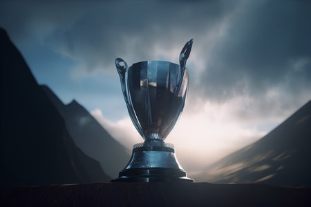 3d rendering of a trophy on a background of mountains and skyの素材