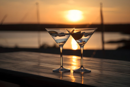 Two glasses of martini on a wooden table against the setting sunの素材