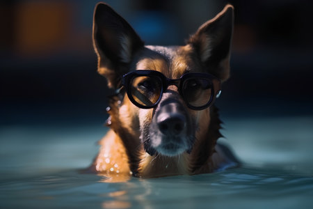 Portrait of a dog swimming in the pool at night, wearing glassesの素材