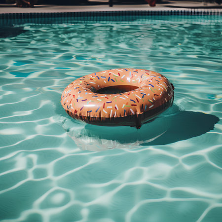 Orange inflatable donut floating in swimming pool with turquoise waterの素材