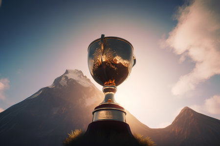 Trophy in the mountains against the background of a beautiful sunset.の素材