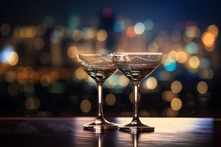 Two glasses of wine on the background of the night city and bokehの素材