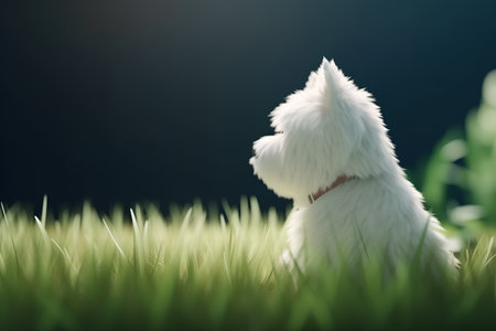 West Highland White Terrier Dog Standing in the Grass on a Dark Backgroundの素材