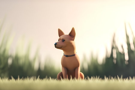 dog sitting on the grass in the park with sunset background, 3d renderの素材