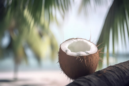 Coconut on the beach with palm trees in the background.の素材