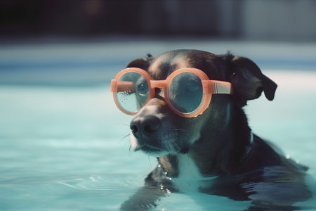 Dog with glasses in swimming pool, shallow depth of field, toned imageの素材