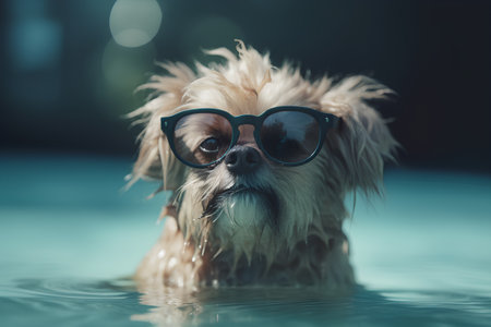 Shih tzu dog in sunglasses swimming in the pool with bokeh backgroundの素材