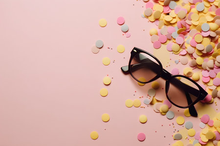 Glasses and confetti on a pink background. Top view.の素材
