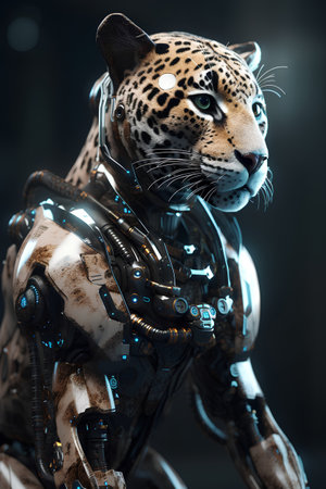 3D rendering of a female leopard robot isolated on black backgroundの素材