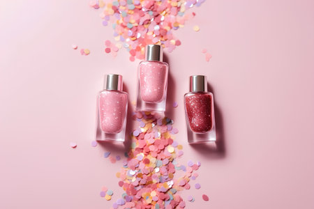 Pink nail polish bottles and confetti on pink background, top viewの素材