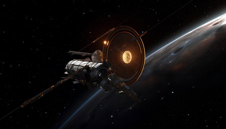 Satellite in space. Space station in outer space. 3D renderingの素材
