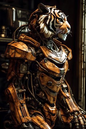 Tiger in the mechanical suit made of wood and metal. 3d renderingの素材