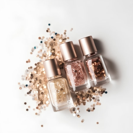 Beautiful nail polish bottles and glitter on white background, top viewの素材