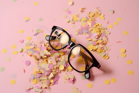 Glasses and confetti on a pink background with copy space.の素材