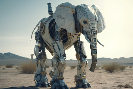 3D CG rendering of robot in the middle of the desert.の素材