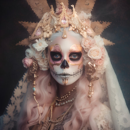 Portrait of a beautiful woman with sugar skull makeup and jewelry.の素材