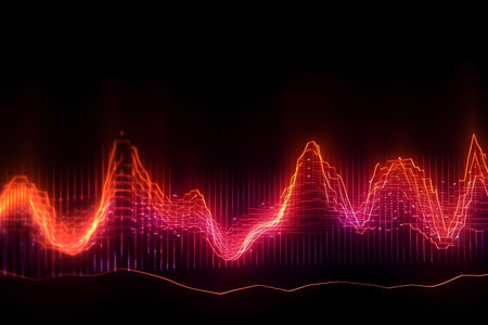 abstract background with sound wave made of glowing lines on dark backdropの素材