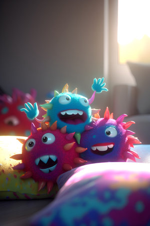 Funny monsters on the bed at home in the light of the morning sunの素材