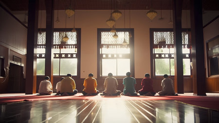 Buddhist monks praying in the prayer hall of a Buddhist templeの素材