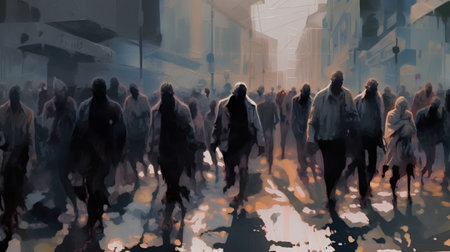 Digital painting of a crowd of people walking on a street in the cityの素材